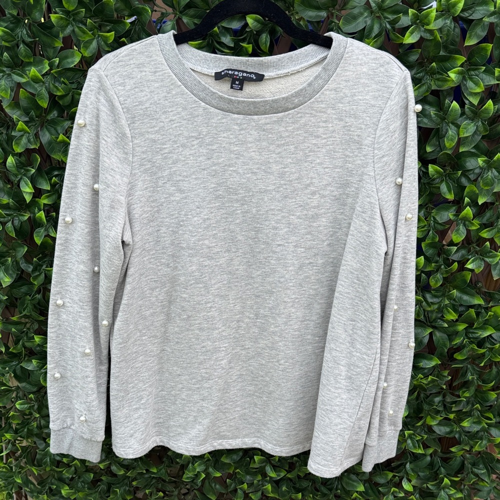 Pearl-Accent Light Gray Crewneck Top
